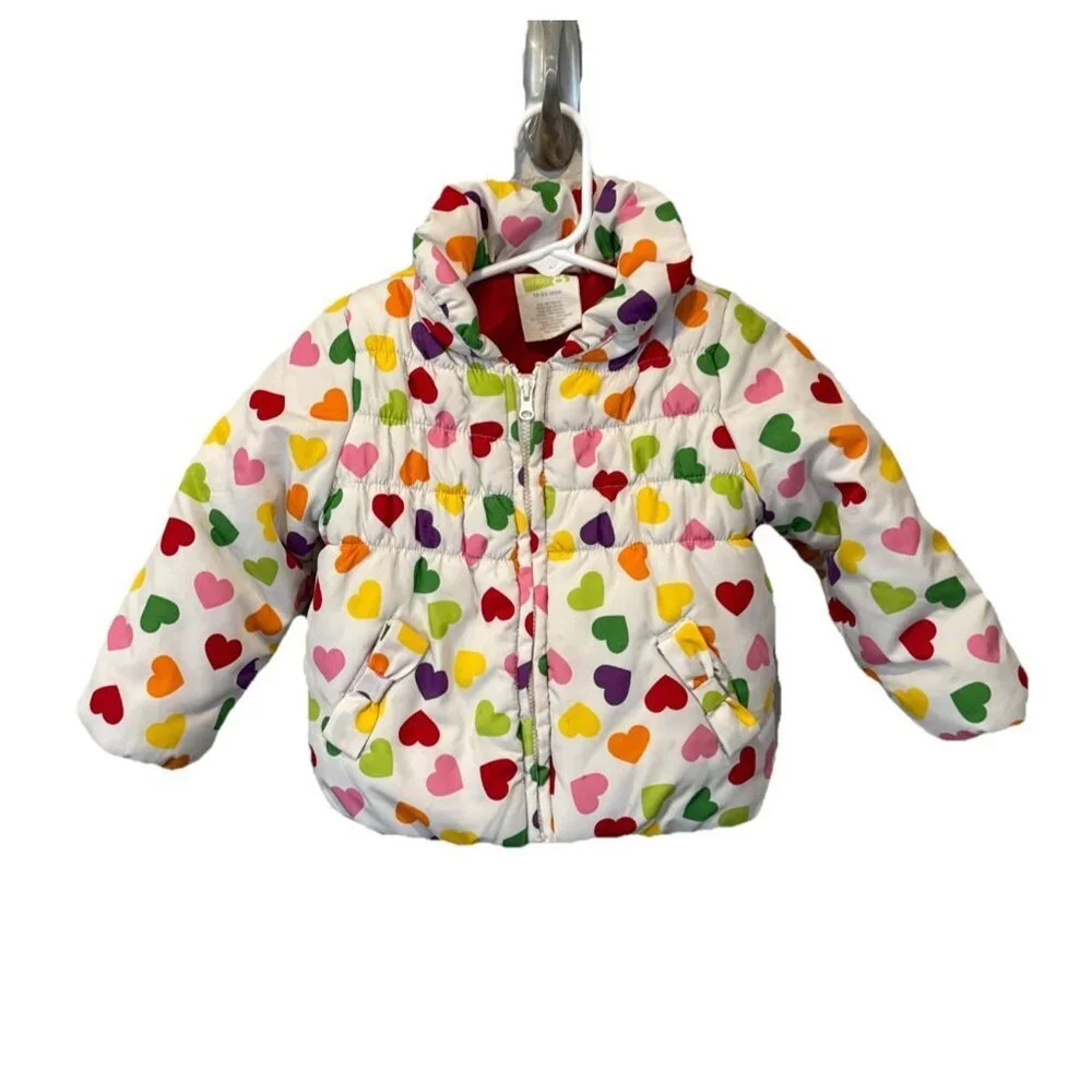 Crazy 8 Girls Coat 12-24 Months Toddler Jacket Heart Print Puffer Lined Colorful